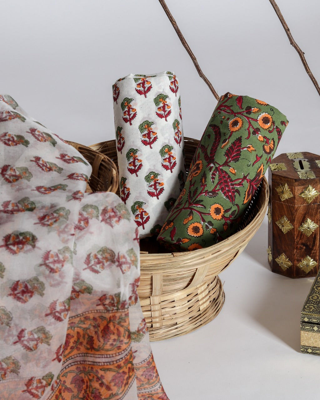 Shop Unstitched Hand Block Print Pure Cotton Suits with Organza Dupatta (ORG80)