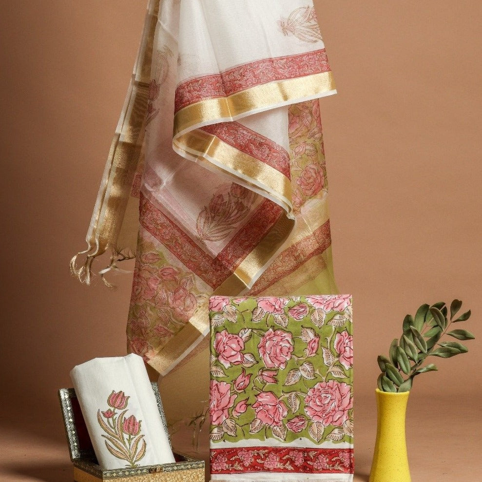 Shop Unstitched Hand Block Print Pure Cotton Suits with Organza Dupatta (ORG84)