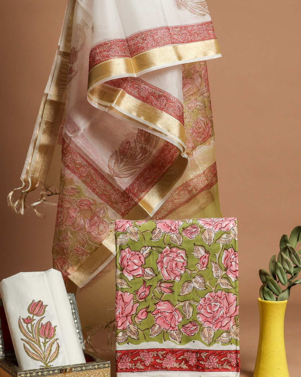 Shop Unstitched Hand Block Print Pure Cotton Suits with Organza Dupatta (ORG84)