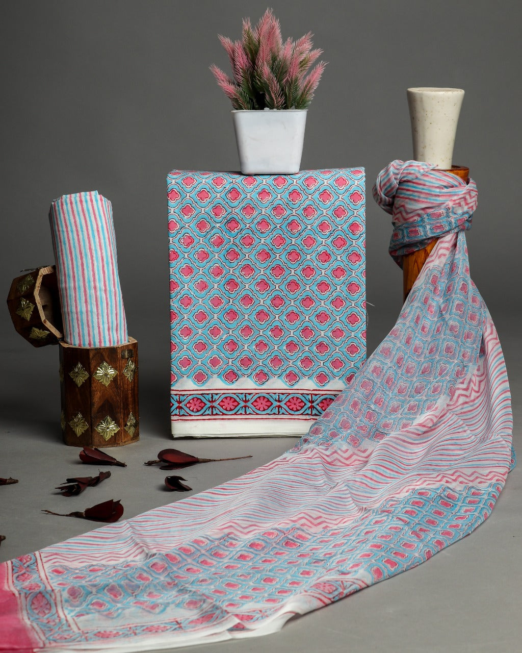 shop hand block print cotton suits with chiffon dupatta