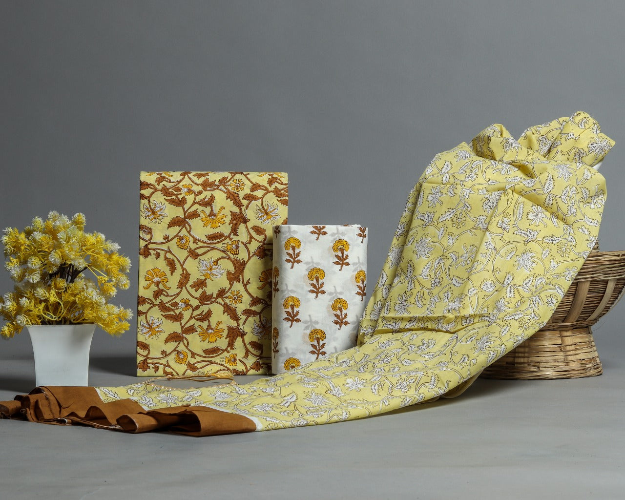 Exclusive Hand Block Floral Jaal Print Pure Cotton Suit material with Mulmul Dupatta (PRMUL112)