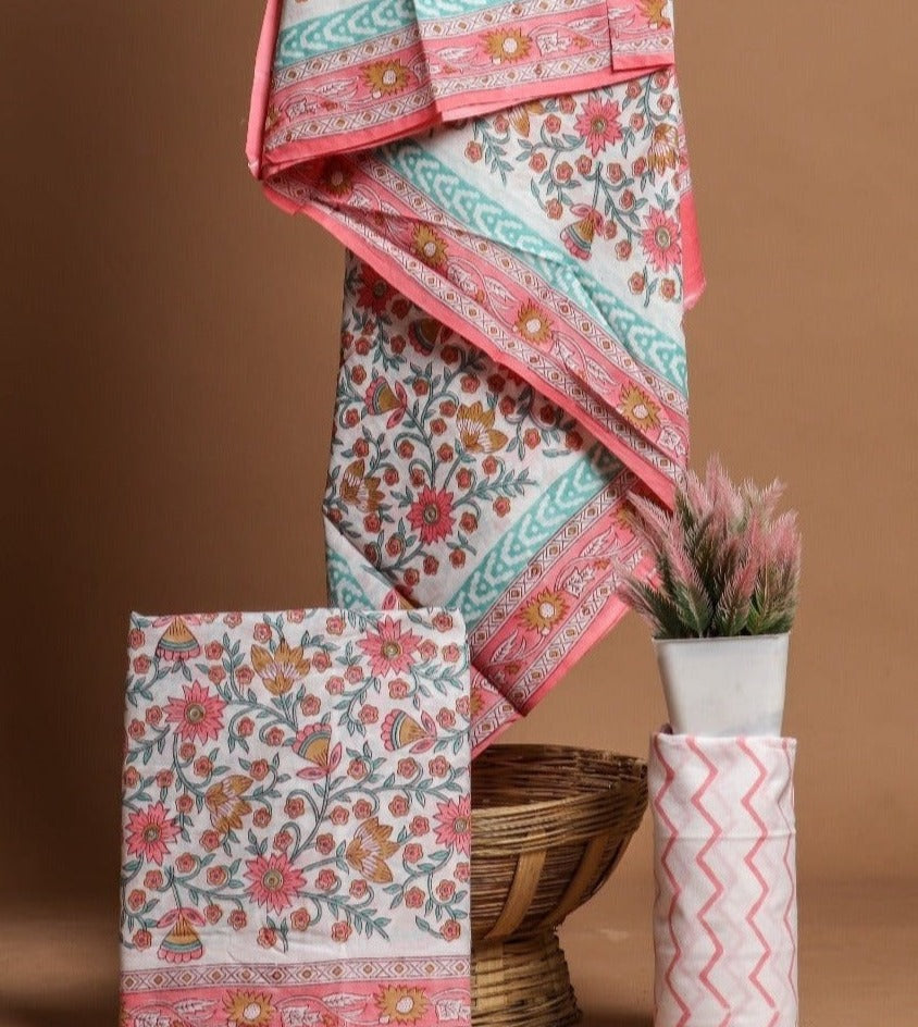 Shop Unstitched Hand Block Print Pure Cotton Suits with Mulmul Dupatta (PRMUL179)