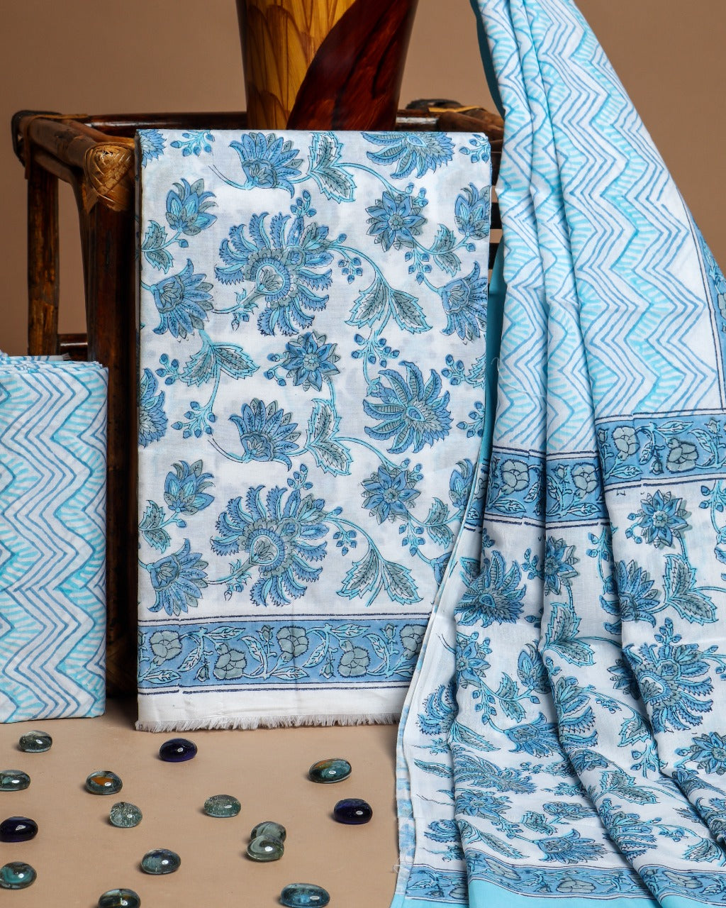 Shop Unstitched Hand Block Print Pure Cotton Suits with Mulmul Dupatta (PRMUL191)