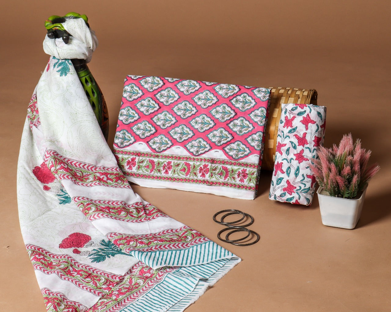 shop hand block print cotton suit with mulmul dupatta (PRMUL253)