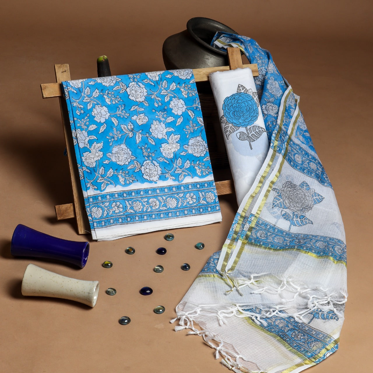 shop block print cotton suit with kota doria dupatta online (RKD132)