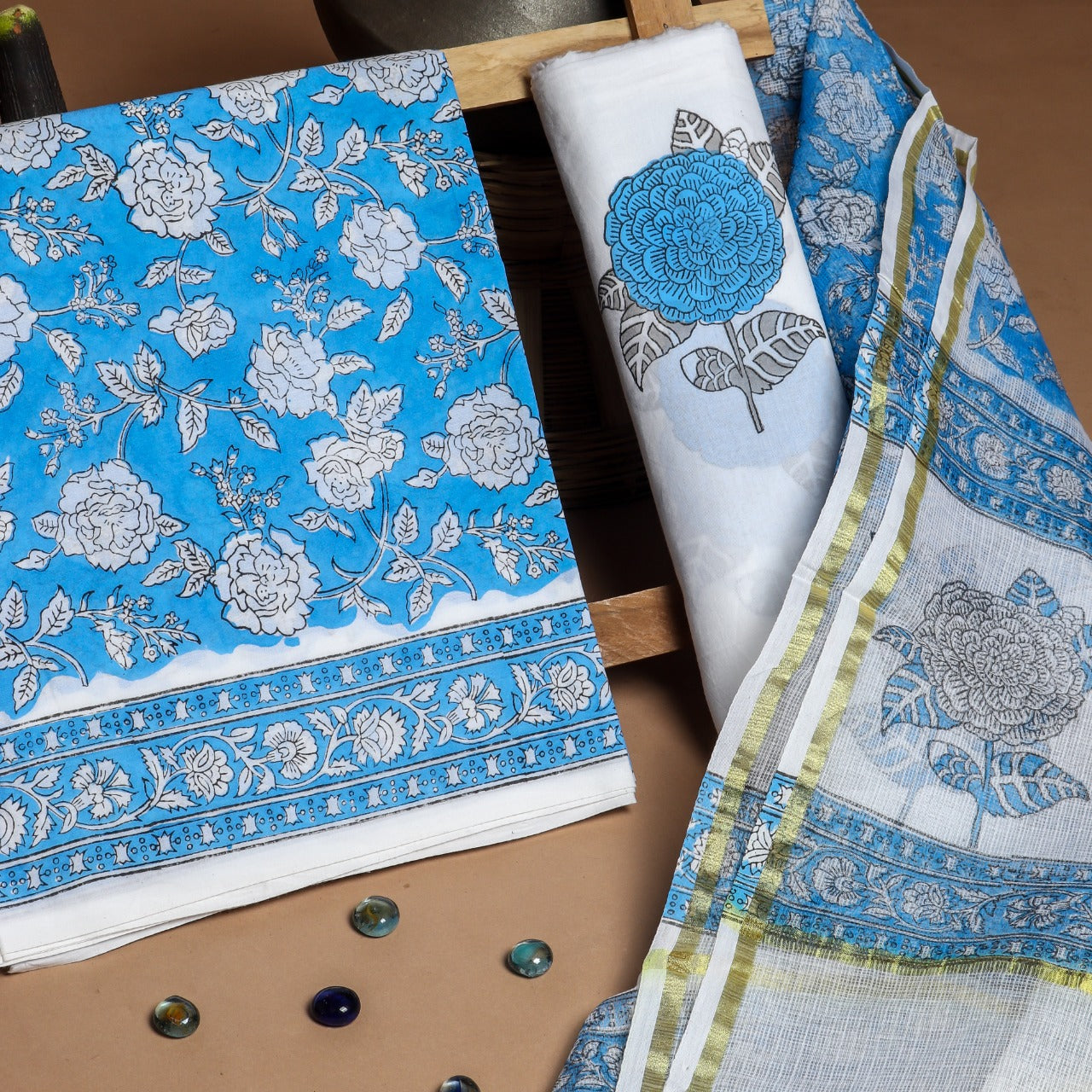 shop block print cotton suit with kota doria dupatta online (RKD132)