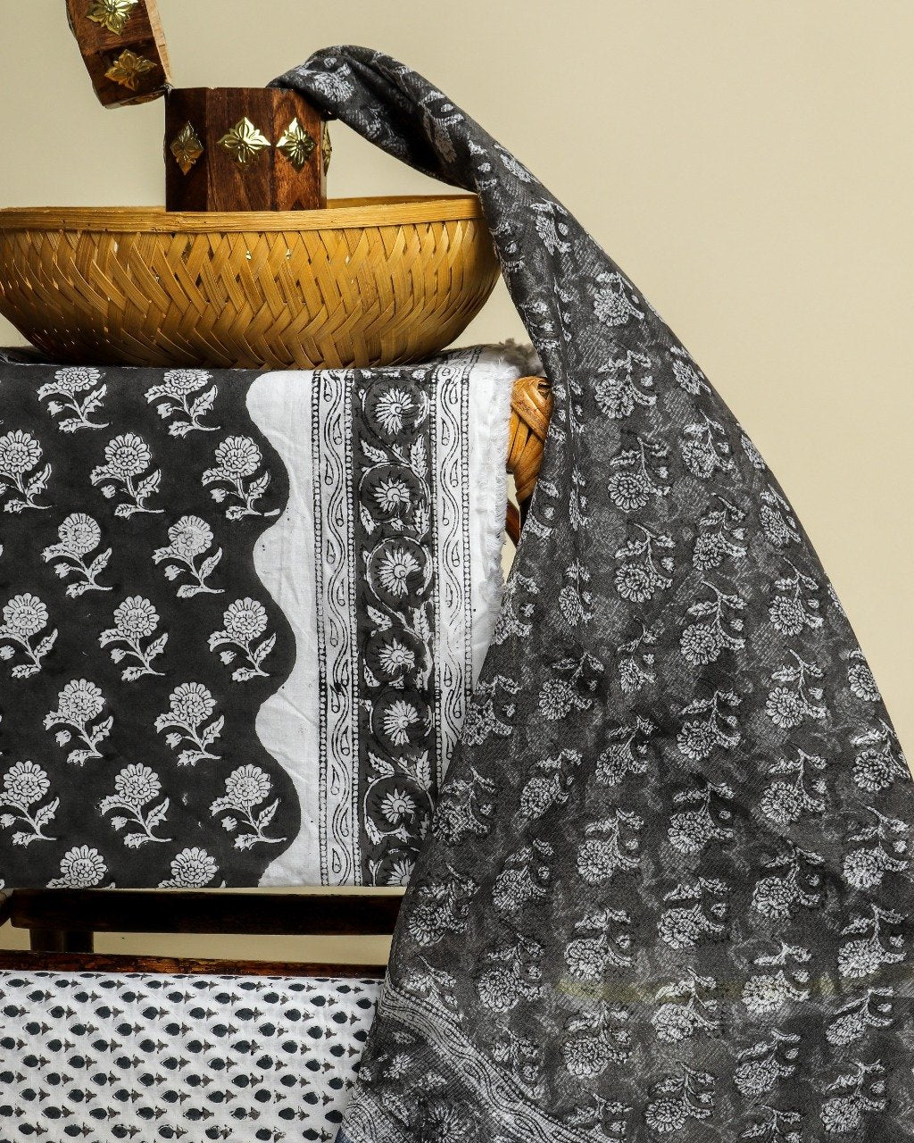 shop unstitched hand block print cotton suits with kota doria dupatta