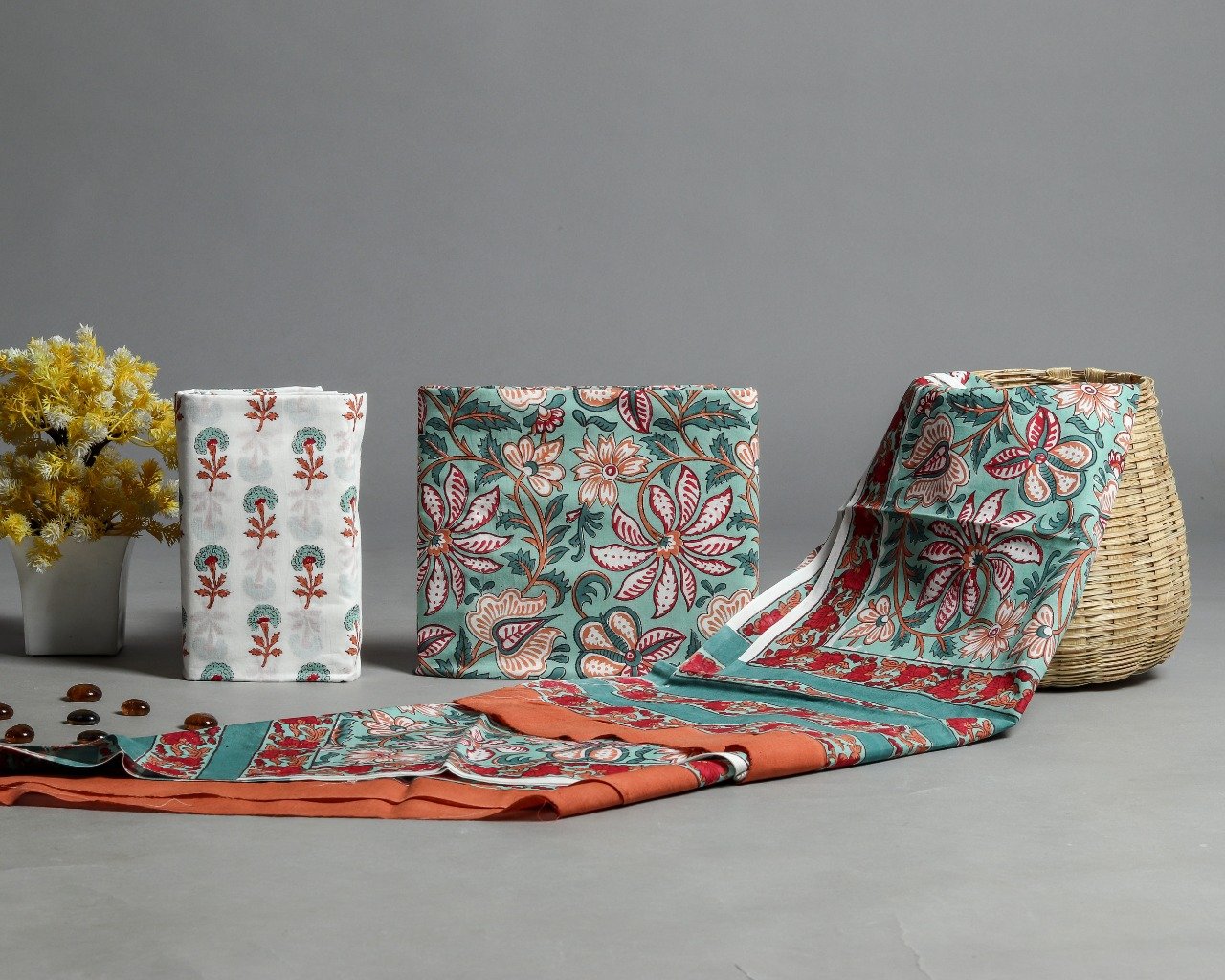 Shop Unstitched Hand Block Print Pure Cotton Suits with Mulmul Dupatta (TPRMUL147)