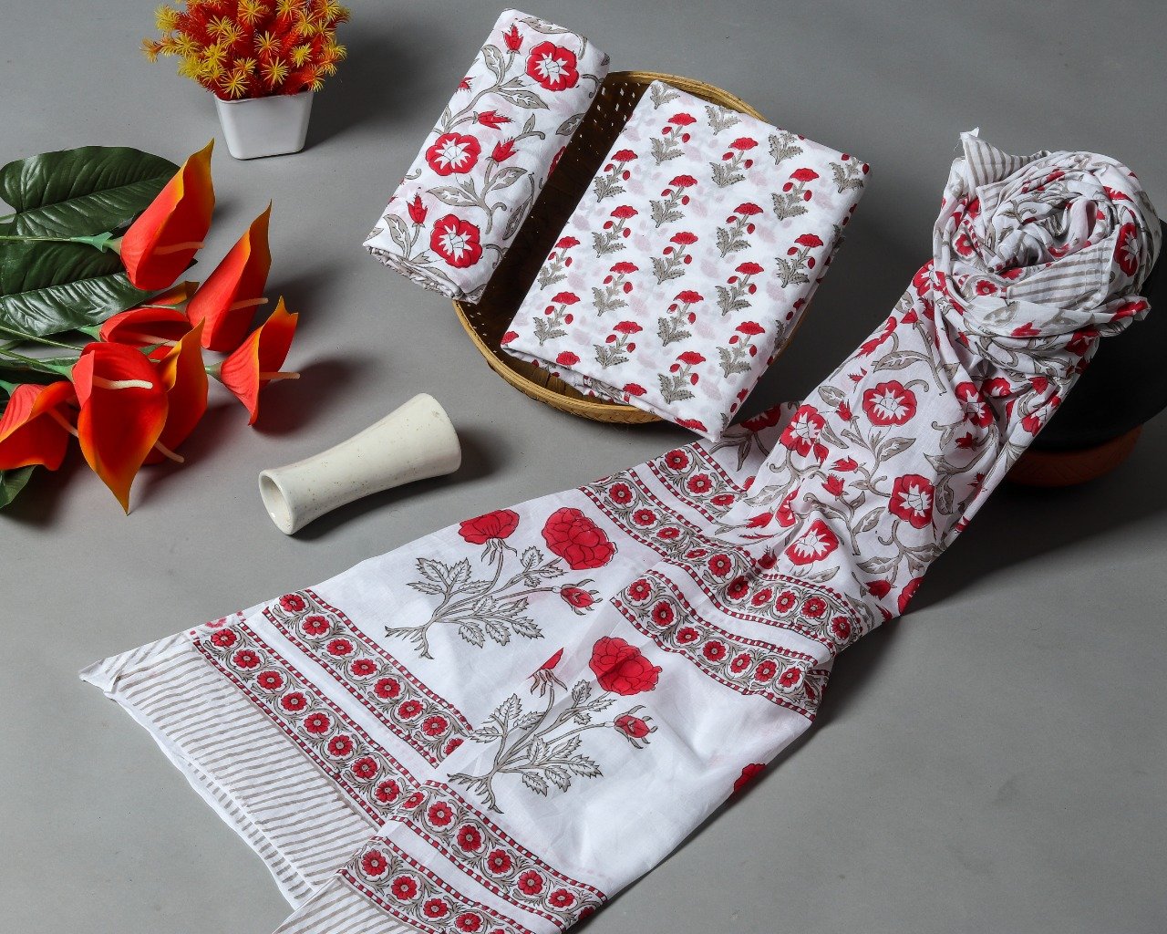 Shop Unstitched Hand Block Print Pure Cotton Suits with Mulmul Dupatta (TPRMUL151)