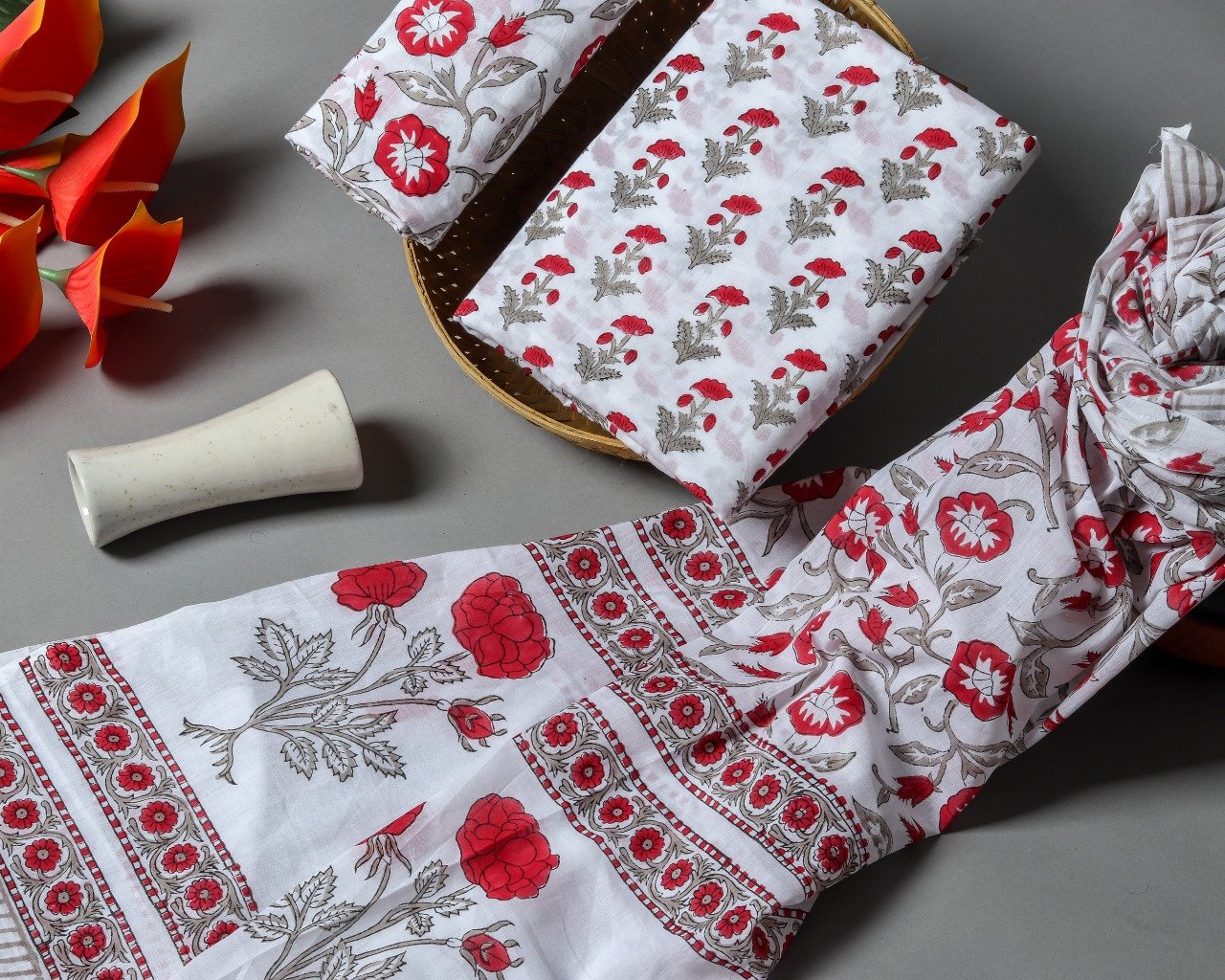 Shop Unstitched Hand Block Print Pure Cotton Suits with Mulmul Dupatta (TPRMUL151)