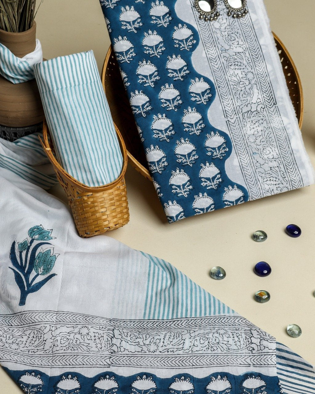 Shop Unstitched Hand Block Print Pure Cotton Suits with Mulmul Dupatta (TPRMUL185)