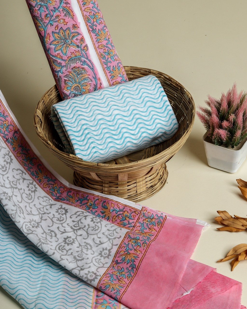 shop block print cotton suit with mulmul dupatta