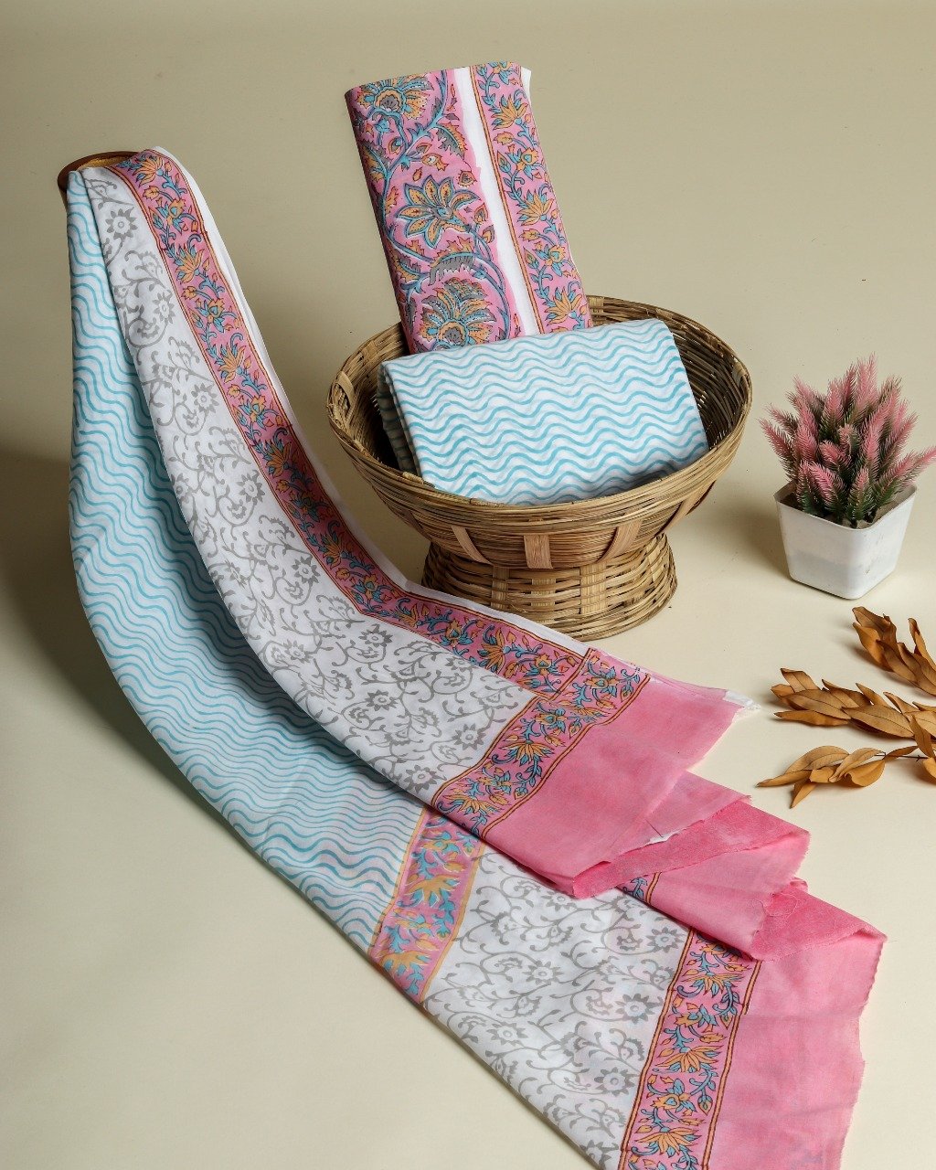 shop block print cotton suit with mulmul dupatta