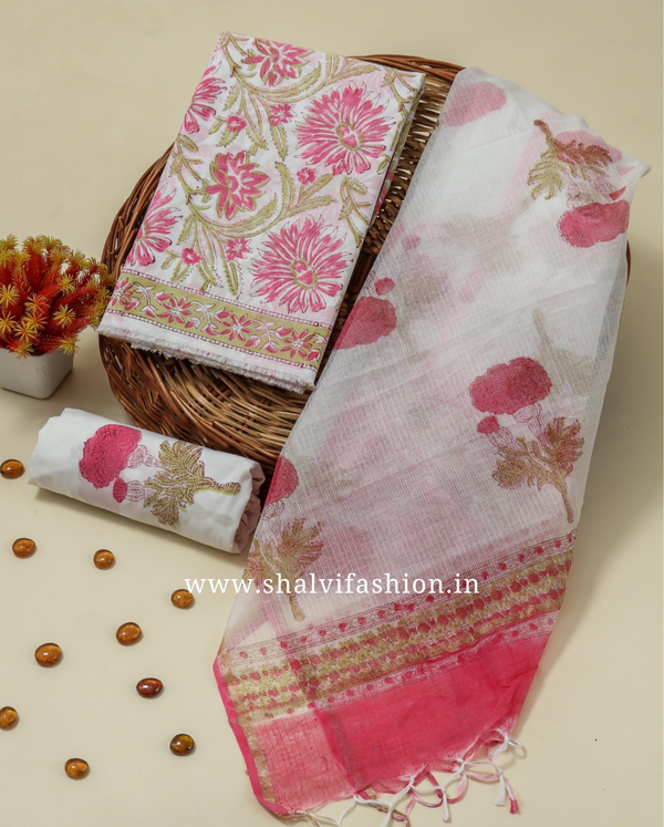 Shop unstitched block print cotton suits with kota dupatta (3CKD122)
