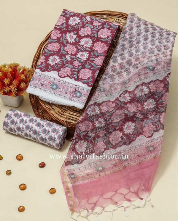 Shop block printed pure cotton suits with kota dupatta (3CKD135)