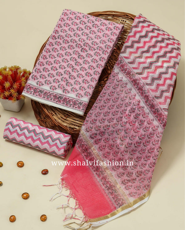 Shop pink hand block print cotton suits with kota dupatta online (3CKD137)