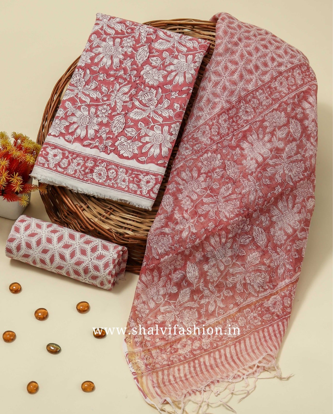 Shop block print cotton suits with kota doria dupatta (3CKD146)