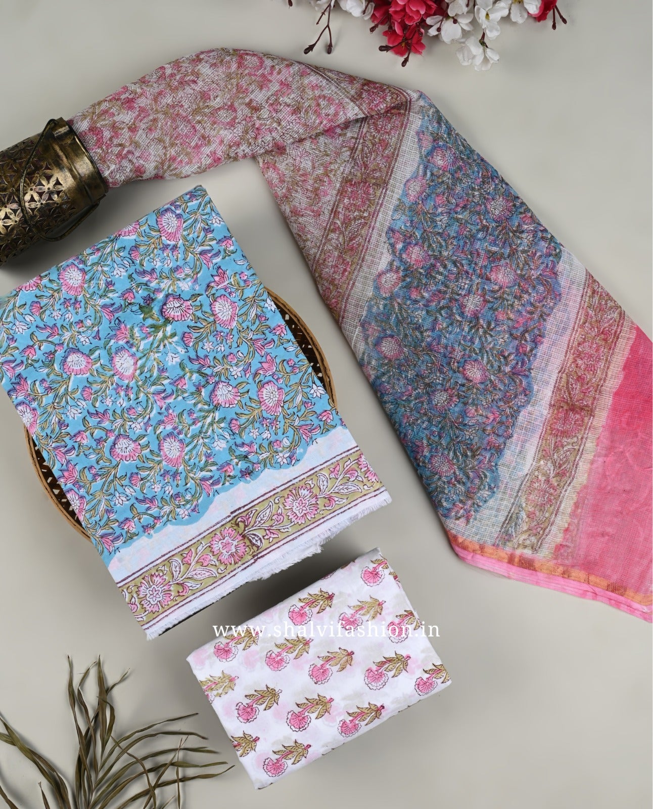 Shop block printed cotton suits with kota dupatta (3CKD151)