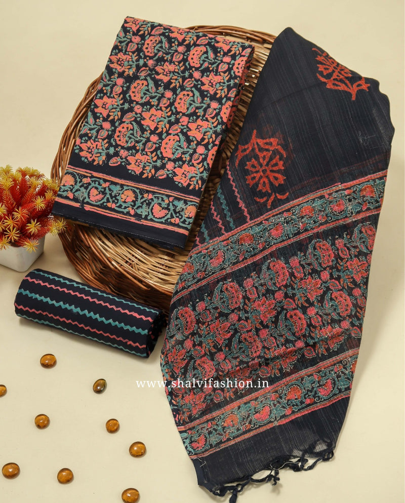 Shop black jaal print cotton suits with kota dupatta (3CKD181)