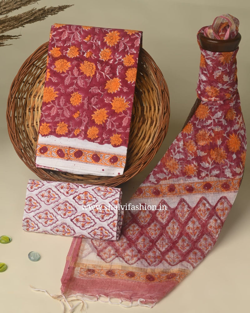 Shop unstitched block print cotton suits with kota dupatta (3CKD221)