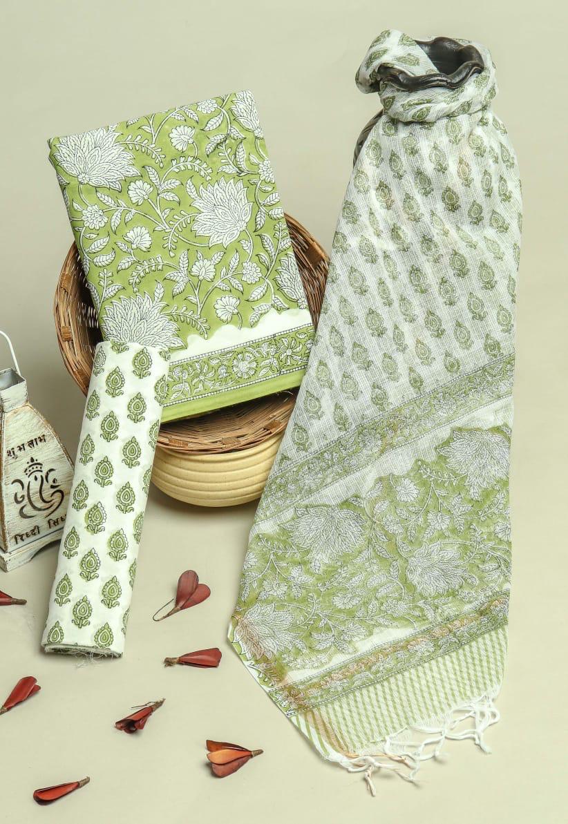 Shop block print cotton suits with kota dupatta (3CKD288)