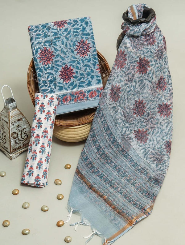 Shop hand block printed kota dupatta cotton suits (3CKD291)