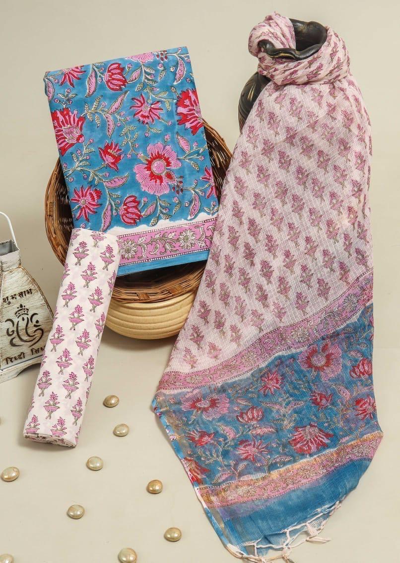 Shop block printed kota dupatta cotton suits (3CKD293)