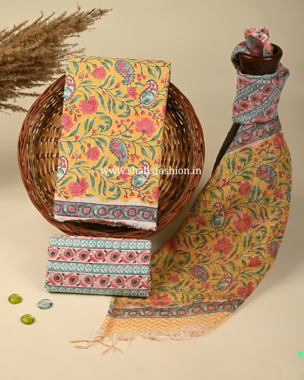 Shop hand block printed cotton suits with doria dupatta (3CKD304)
