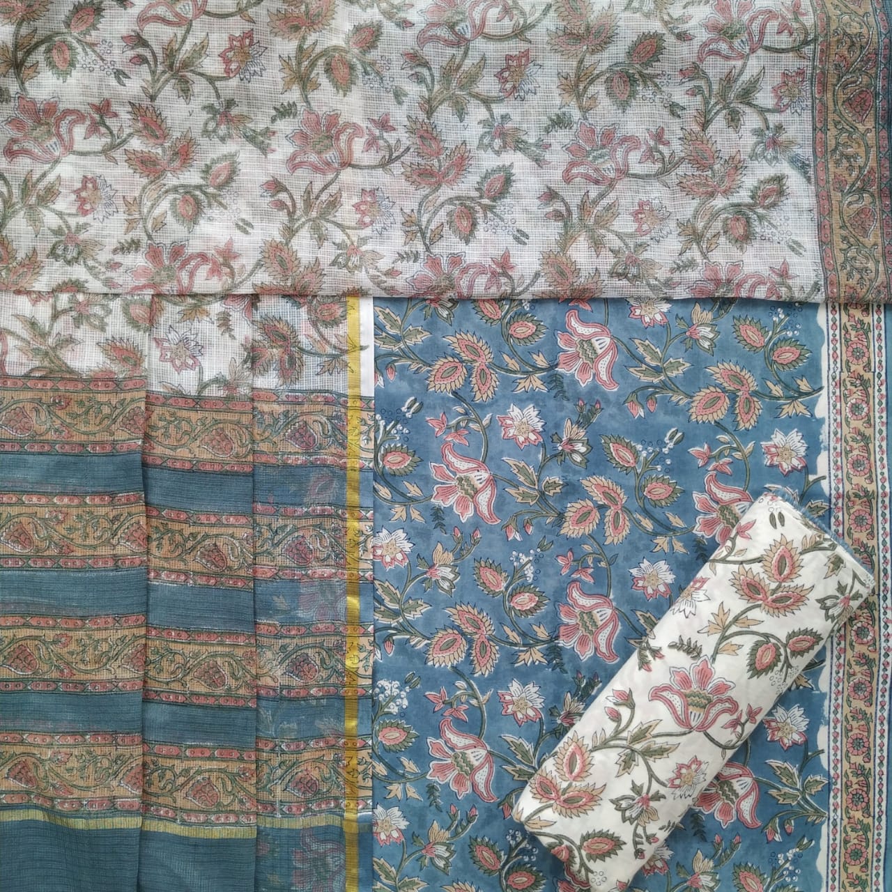 Shop Hand Block Print Pure Cotton Suit Material with Kota Doria Dupatta