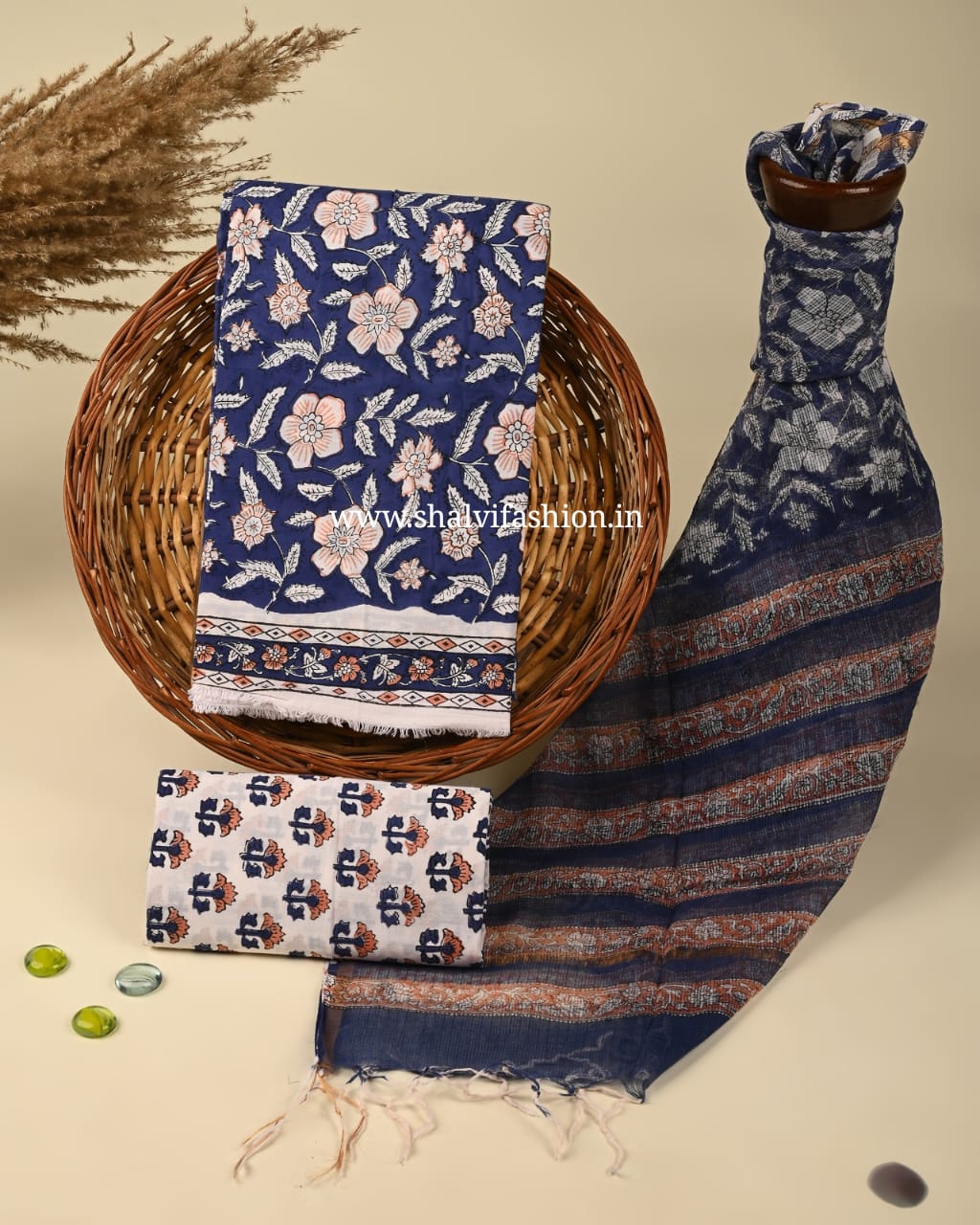 Shop block printed cotton suits with kota dupatta (3CKD312)