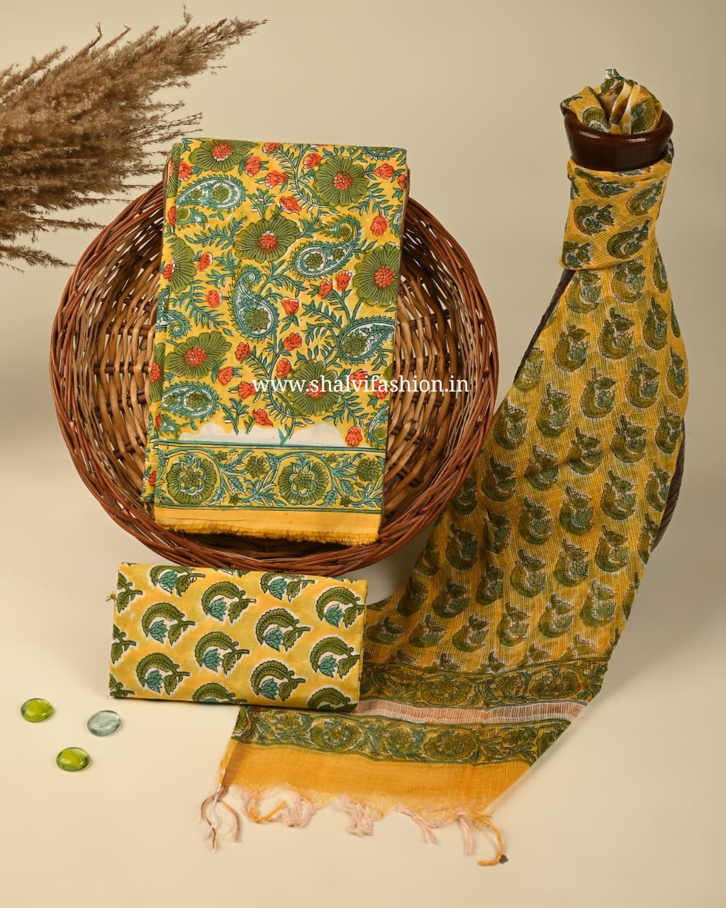 Shop unstitched block printed cotton suits with kota dupatta (3CKD315)