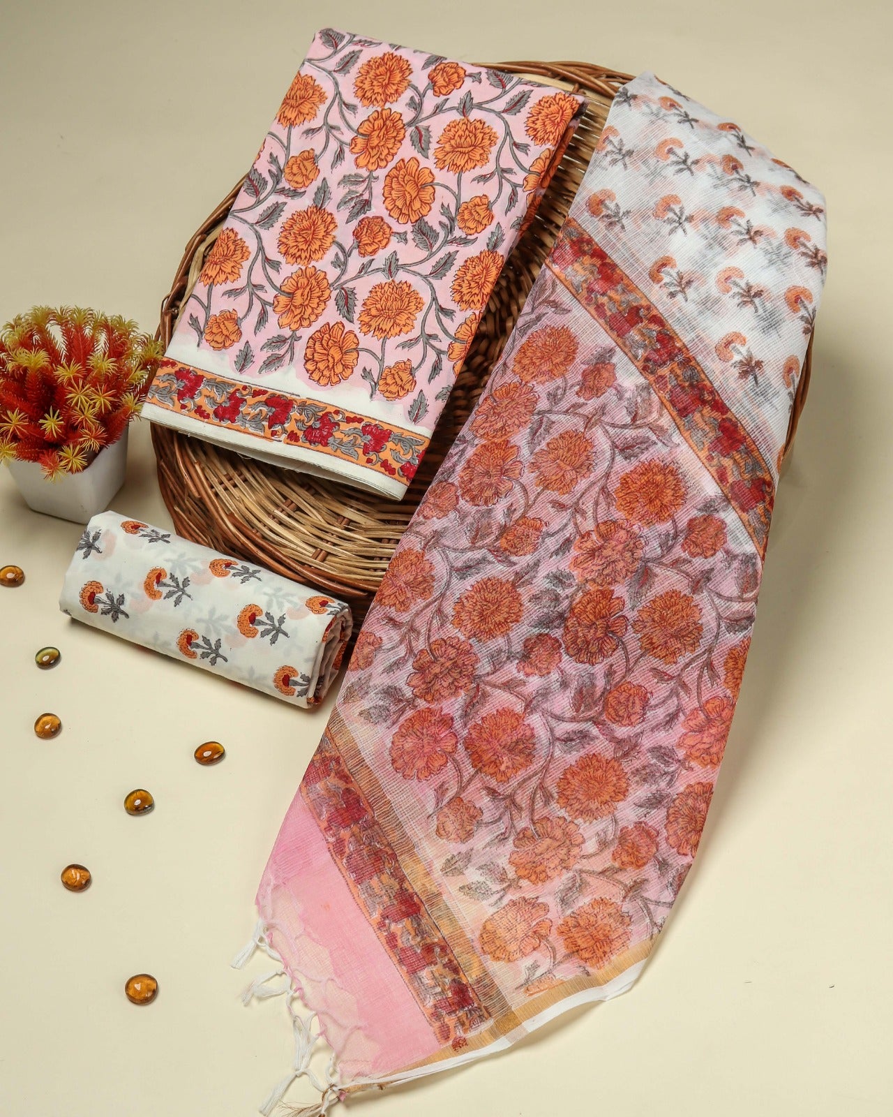 Shop Unstitched Pure Cotton Suit Material with Kota Doria Dupatta (3CKD317)