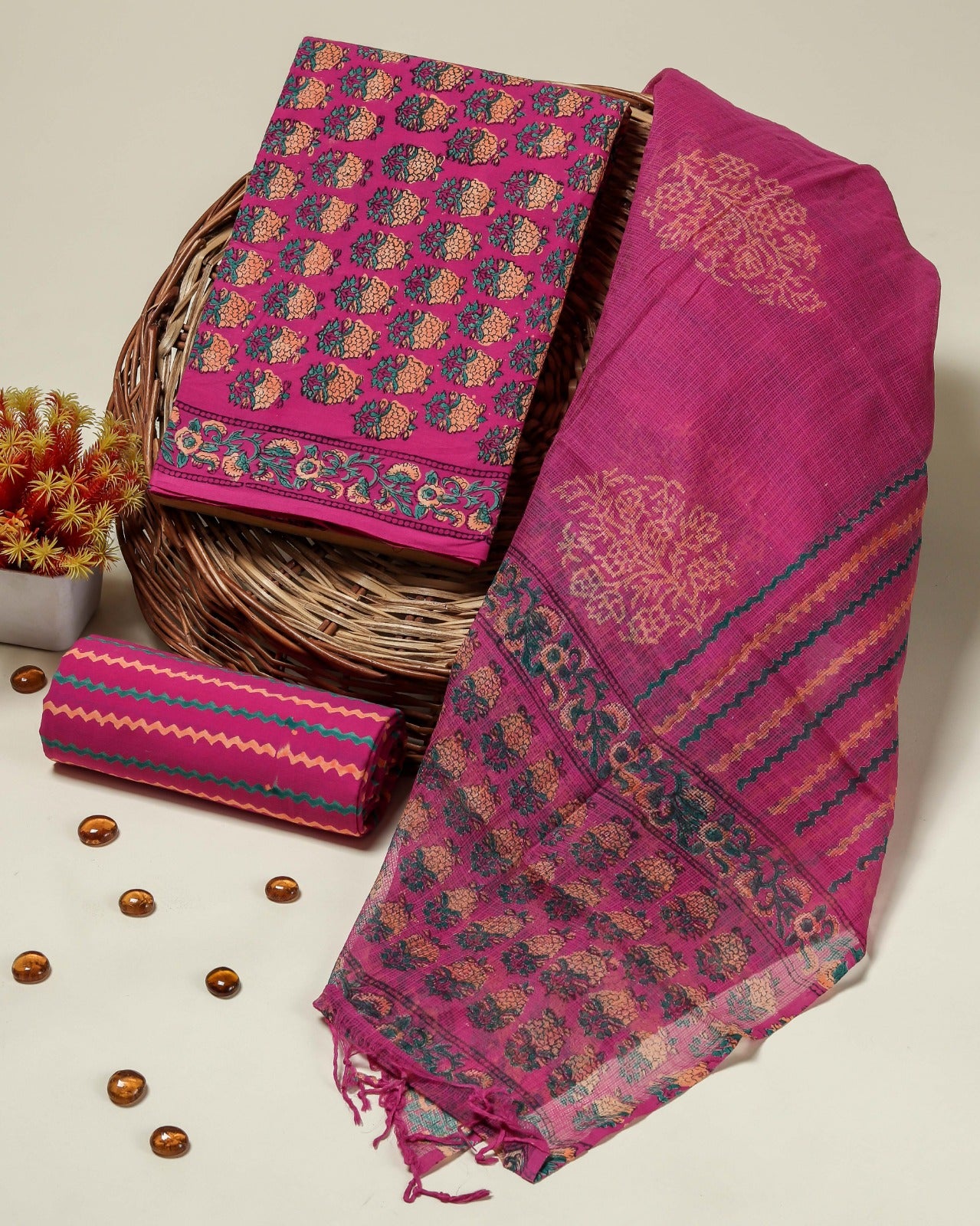 Shop unstitched block print cotton suits with kota dupatta (3CKD31)