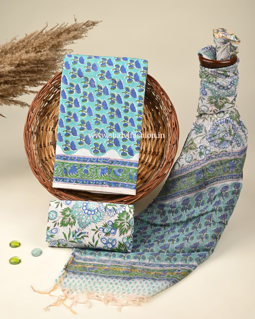 Shop block printed cotton suits with kota dupatta (3CKD324)