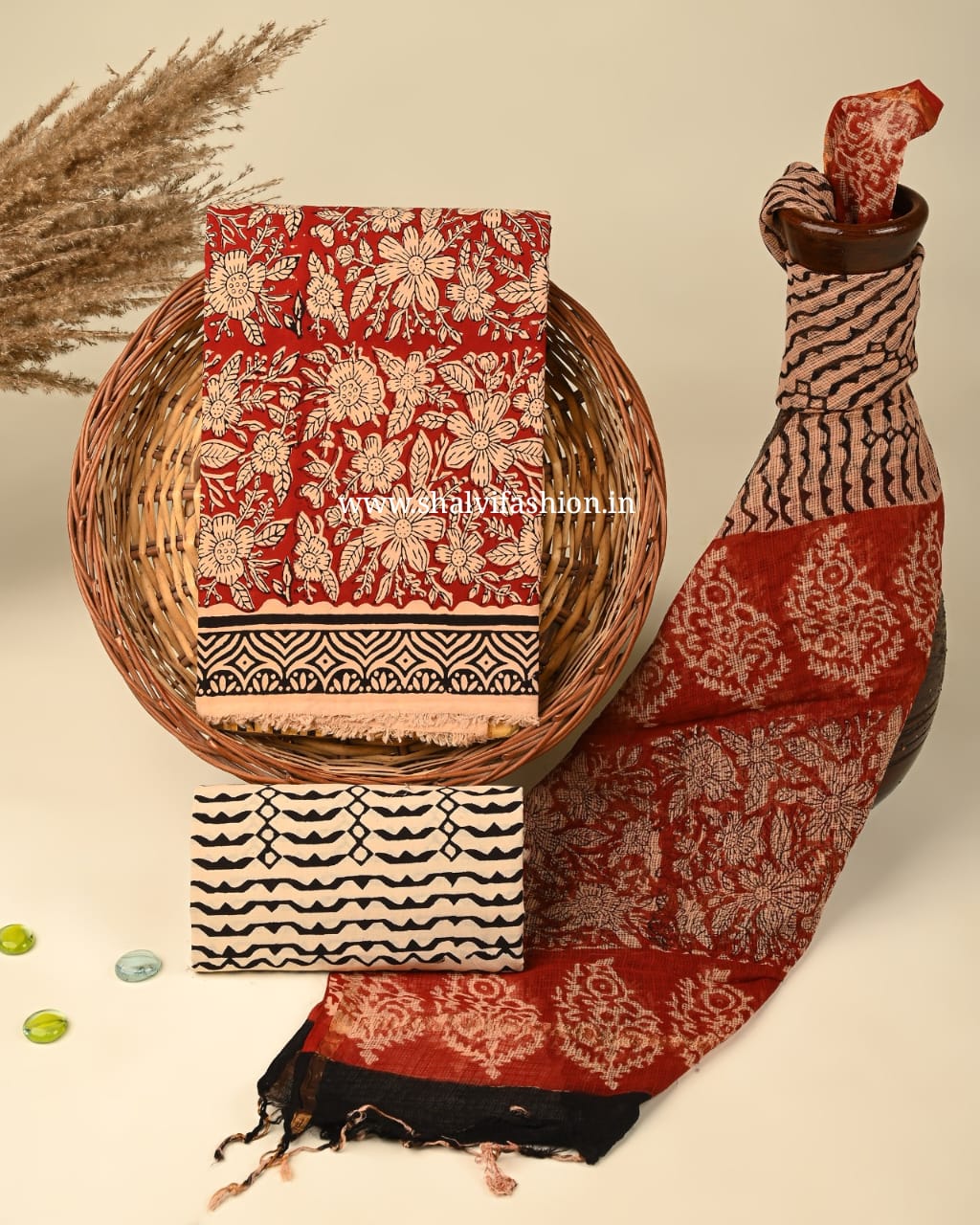 Shop bagru print cotton suits with kota dupatta (3CKD331)