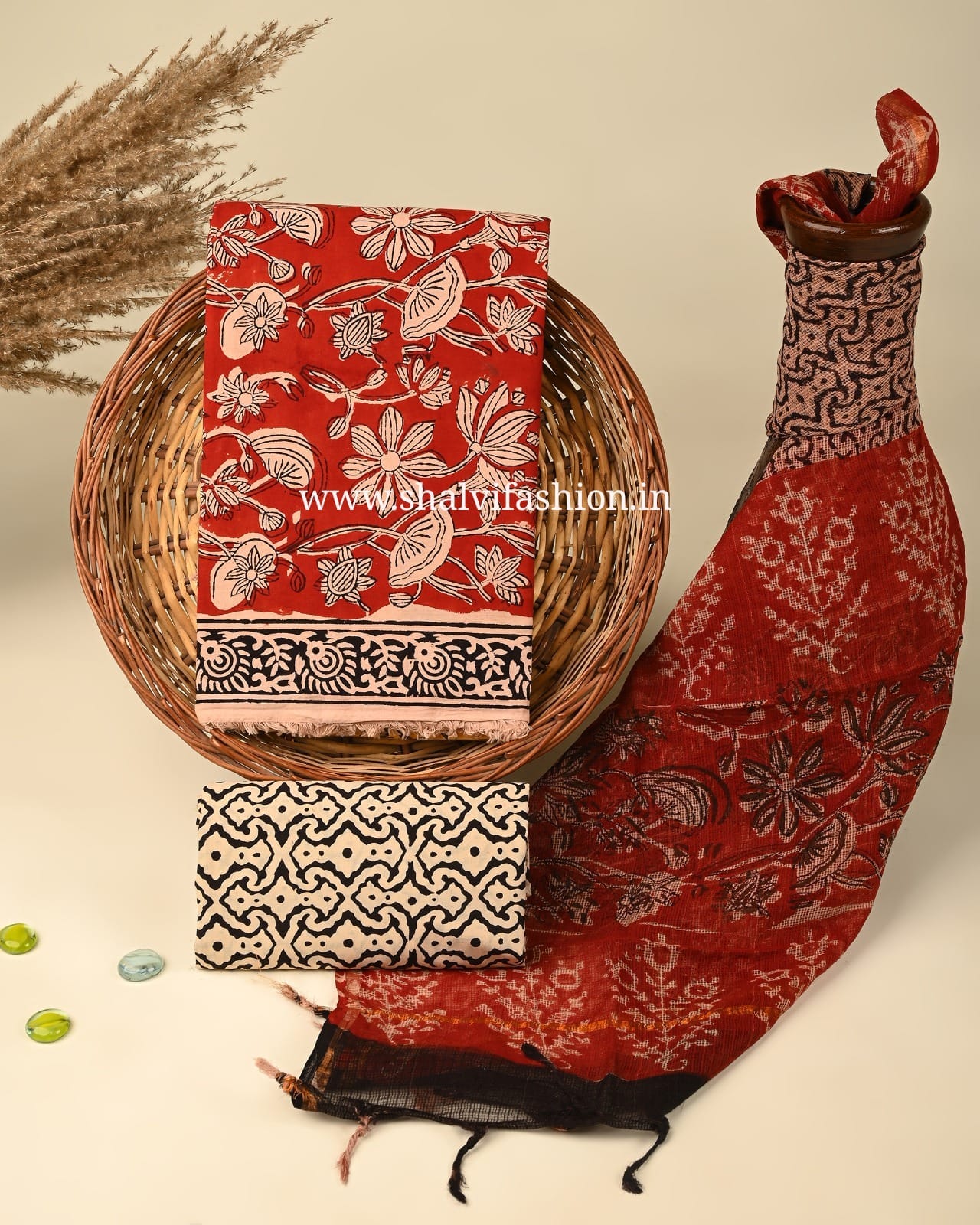 Shop unstitched bagru print cotton suits with kota dupatta (3CKD332)