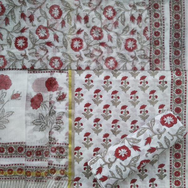 Shop Unstitched Hand Block Print Pure Cotton Suit Material with Kota Doria Dupatta (3CKD344)