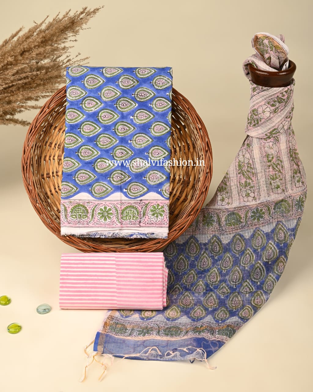 Shop sanganeri print cotton suits with kota dupatta (3CKD348)