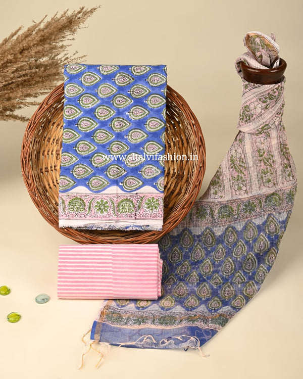 Shop sanganeri print cotton suits with kota dupatta (3CKD348)