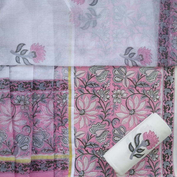 Shop Unstitched Hand Block Print Pure Cotton Suit Material with Kota Doria Dupatta (3CKD350)