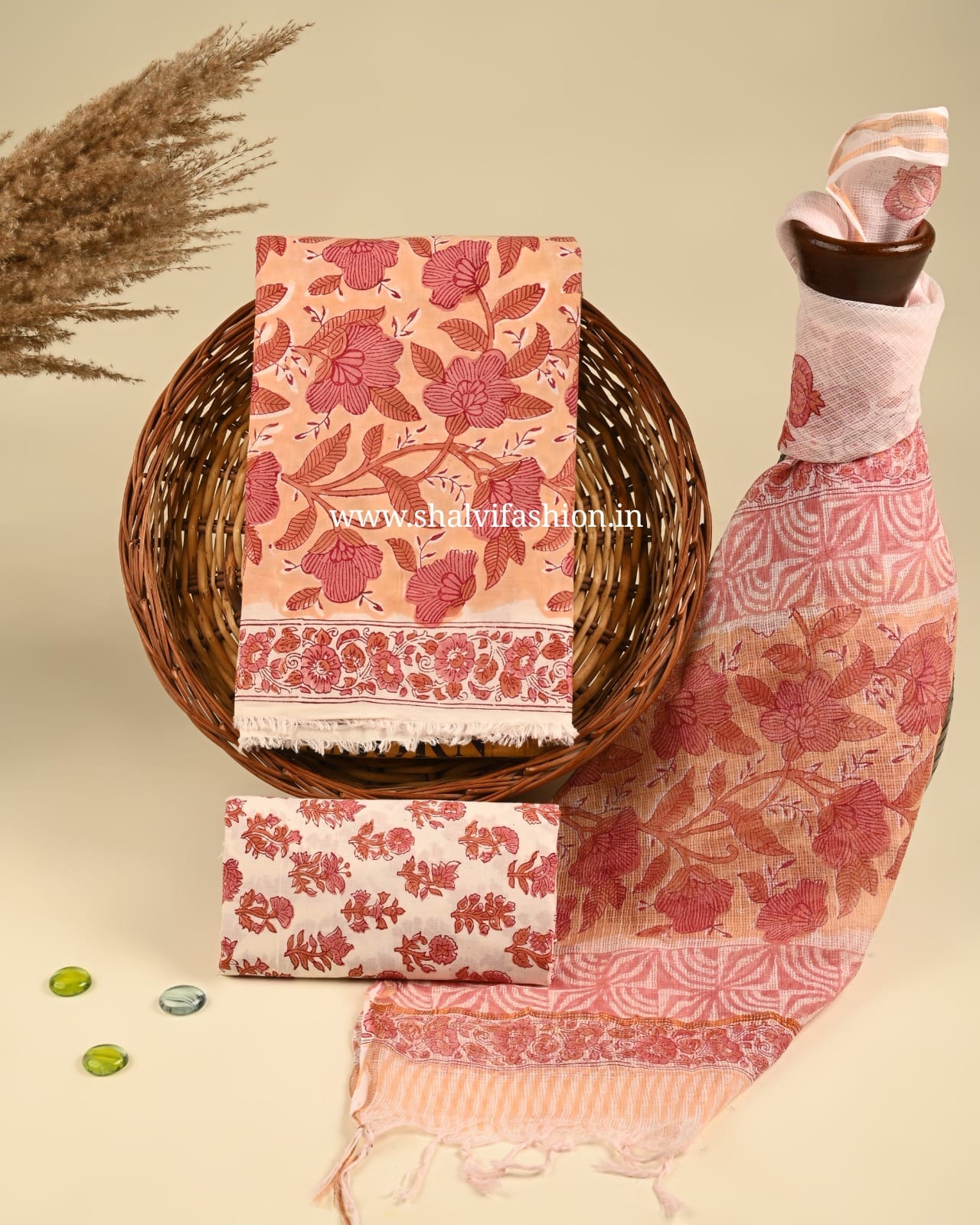 Shop hand block print cotton suits with kota dupatta (3CKD357)
