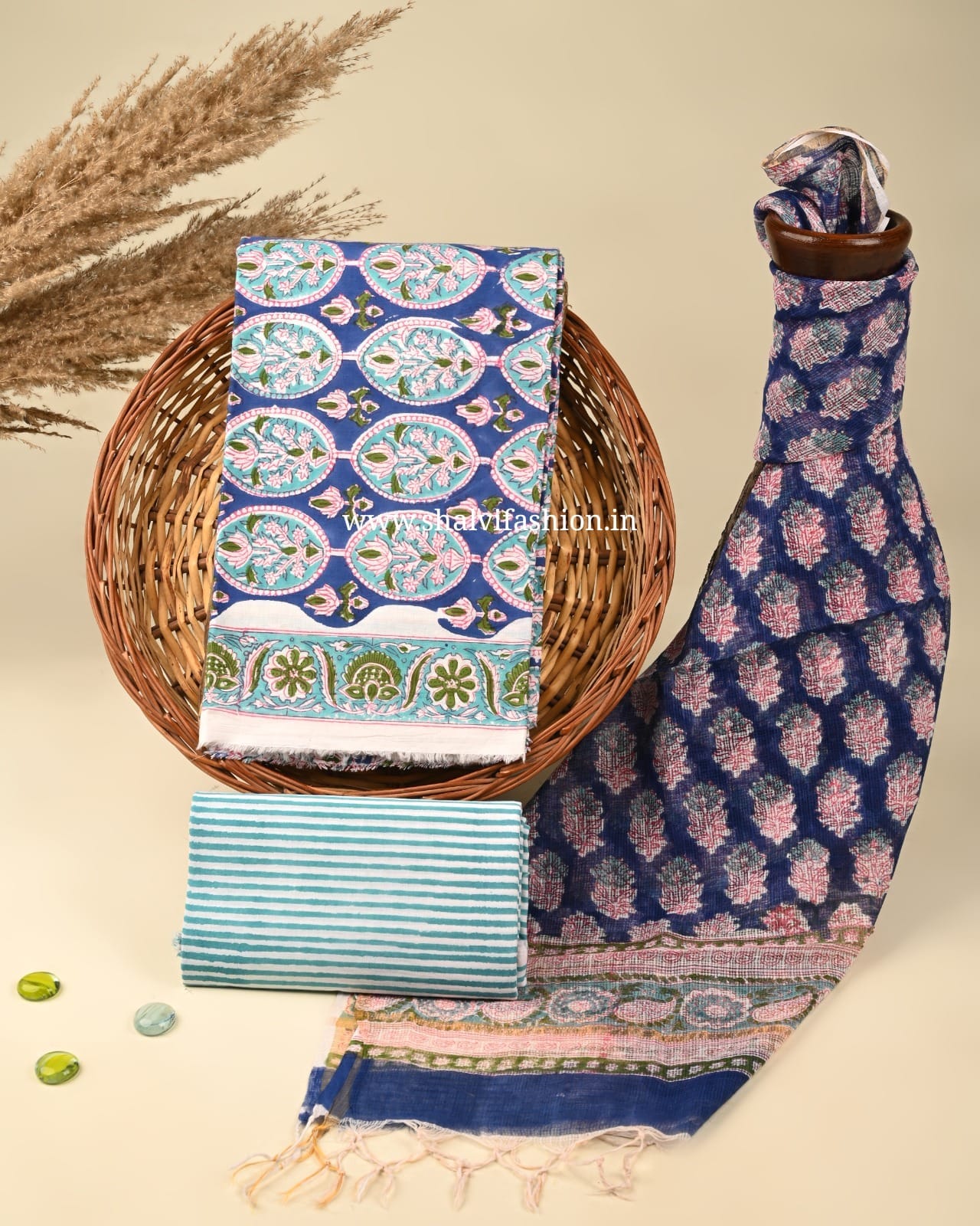 Shop block printed cotton suits with kota dupatta (3CKD370)