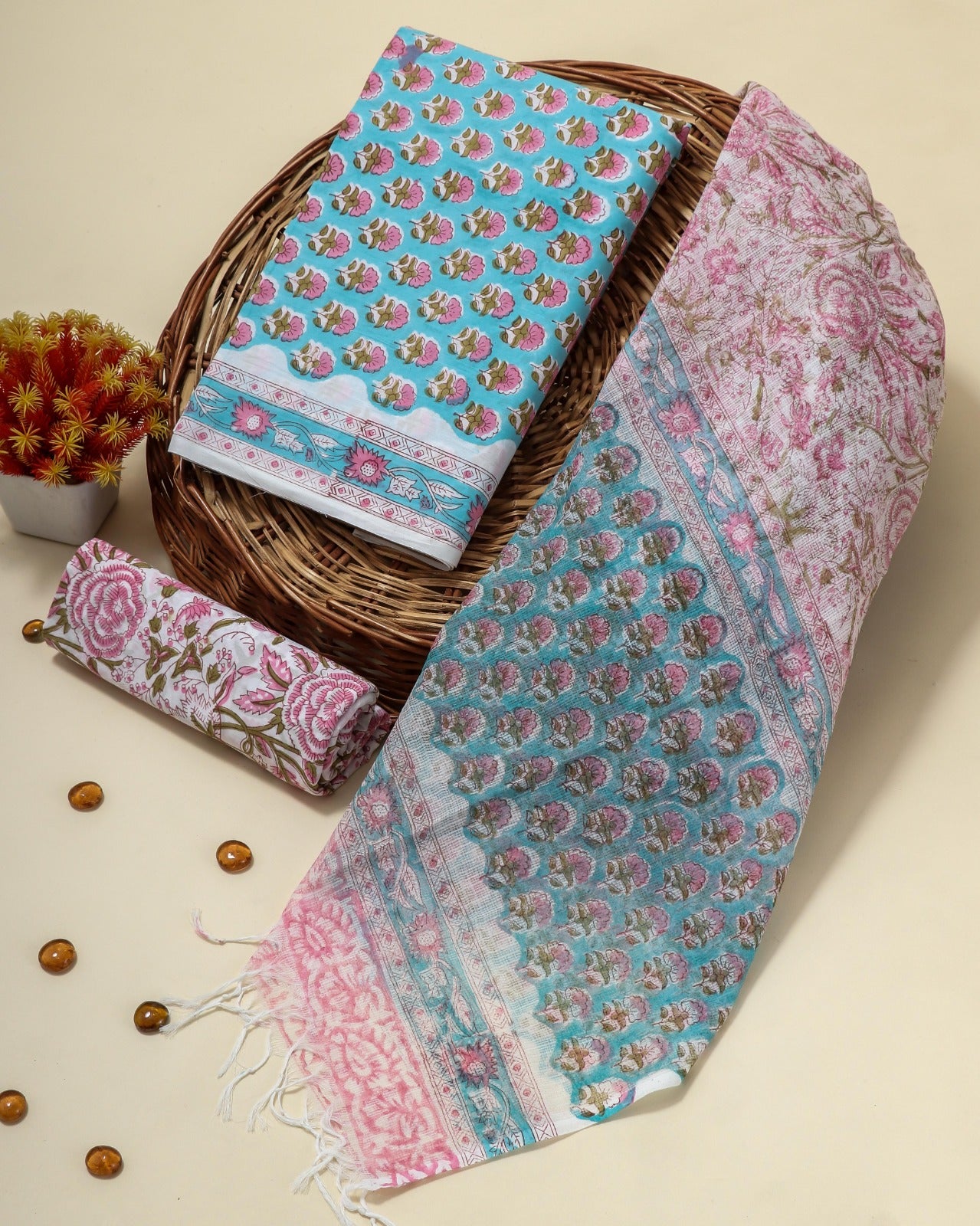 Shop unstitched block print cotton suits with kota dupatta (3CKD37)