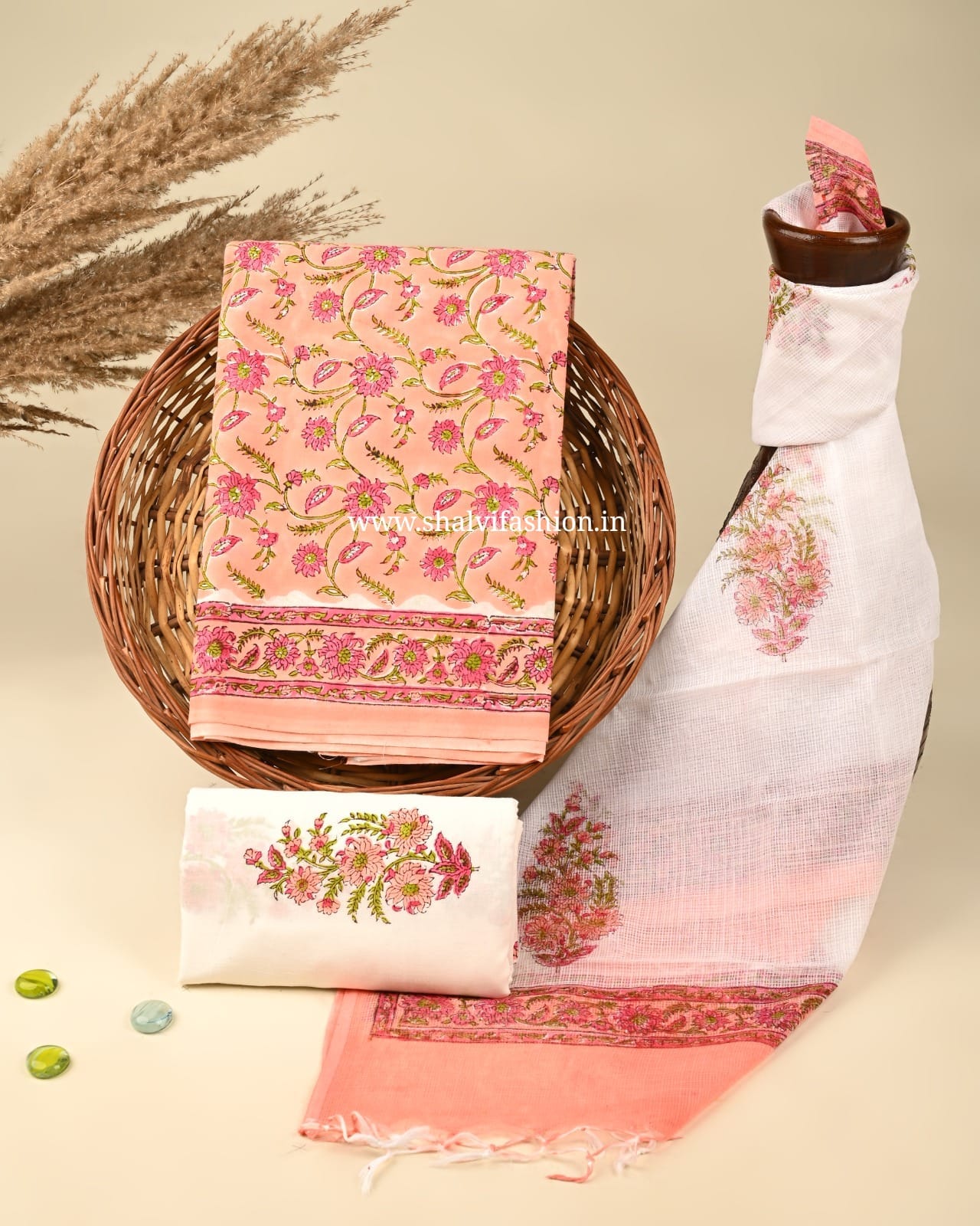 Shop sanganeri print cotton suits with kota dupatta (3CKD381)