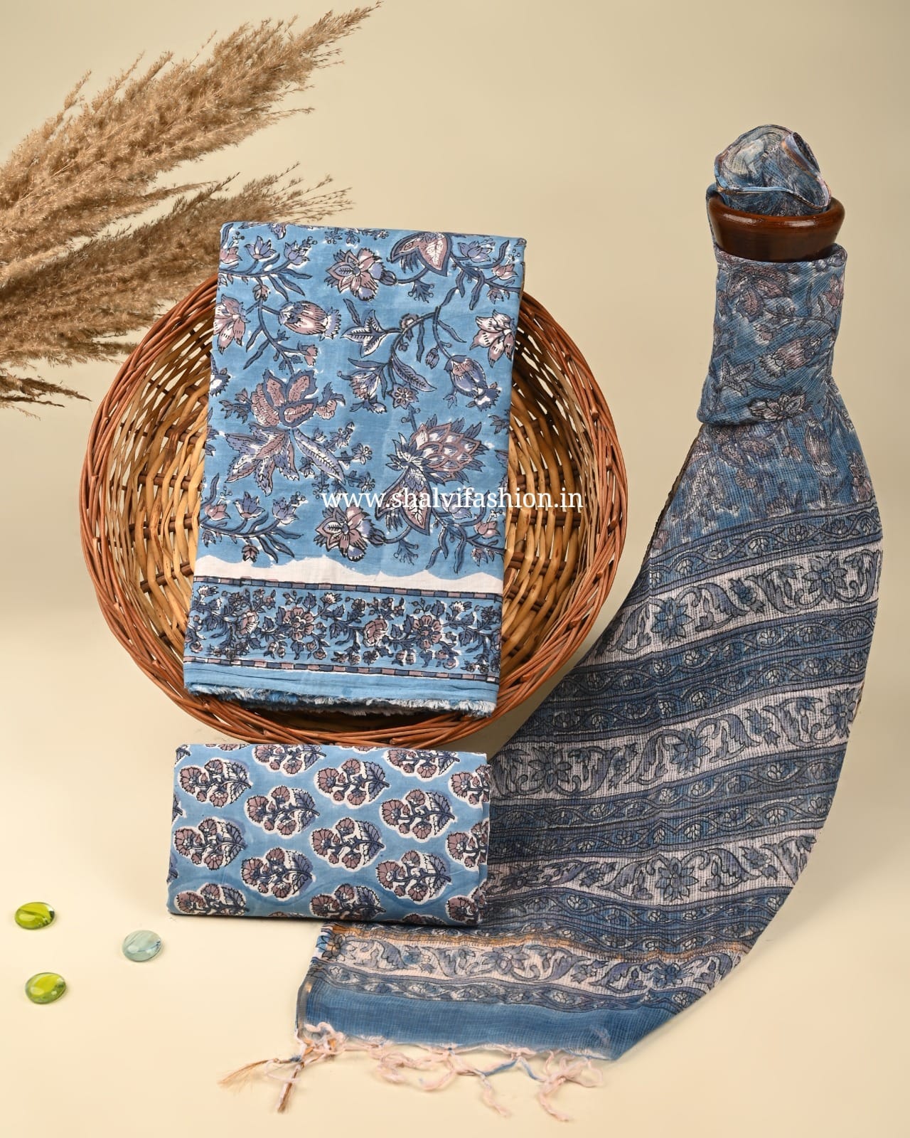 Shop unstitched block print cotton suits with kota dupatta (3CKD388)
