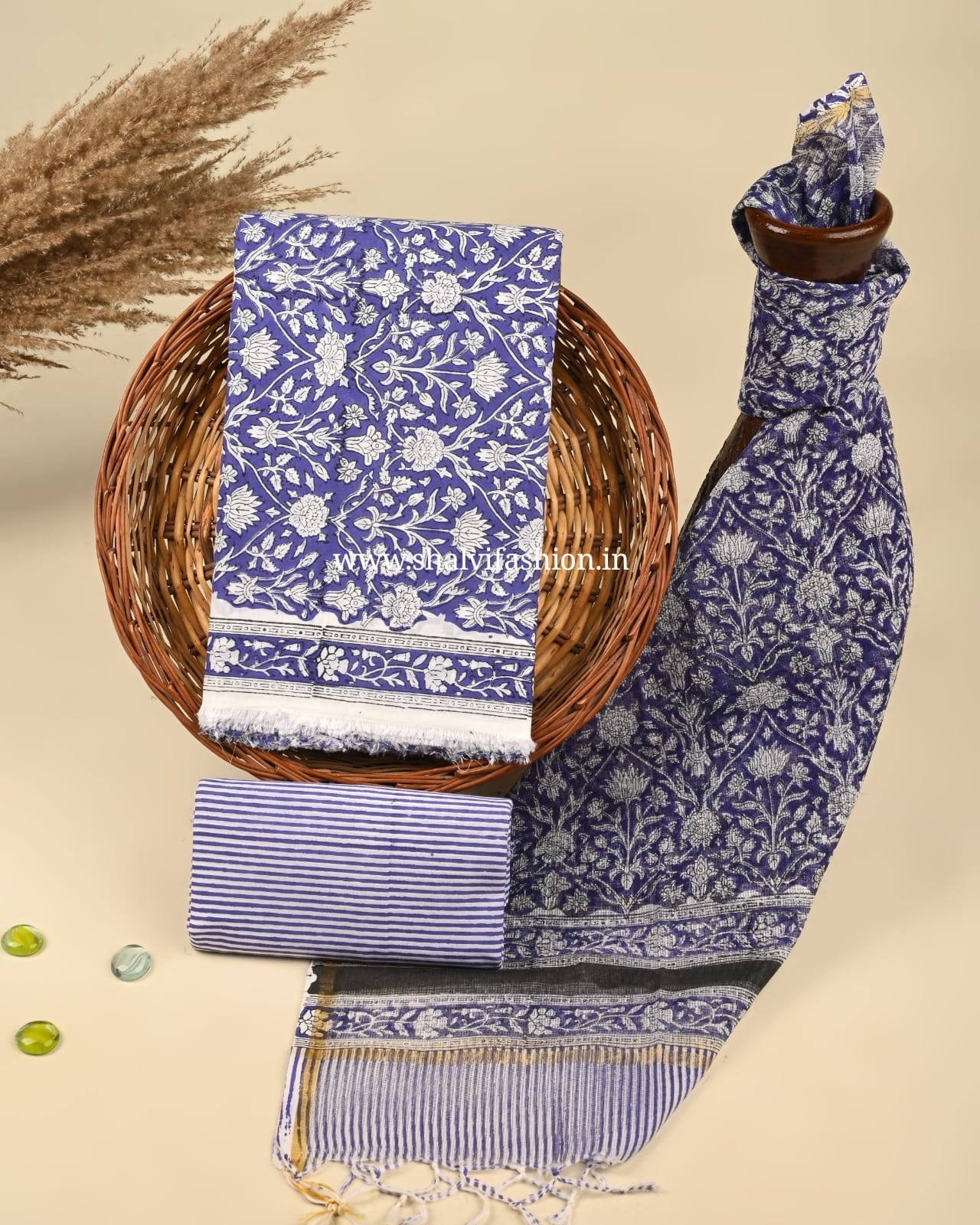 Shop block printed cotton suits with doria dupatta (3CKD392)