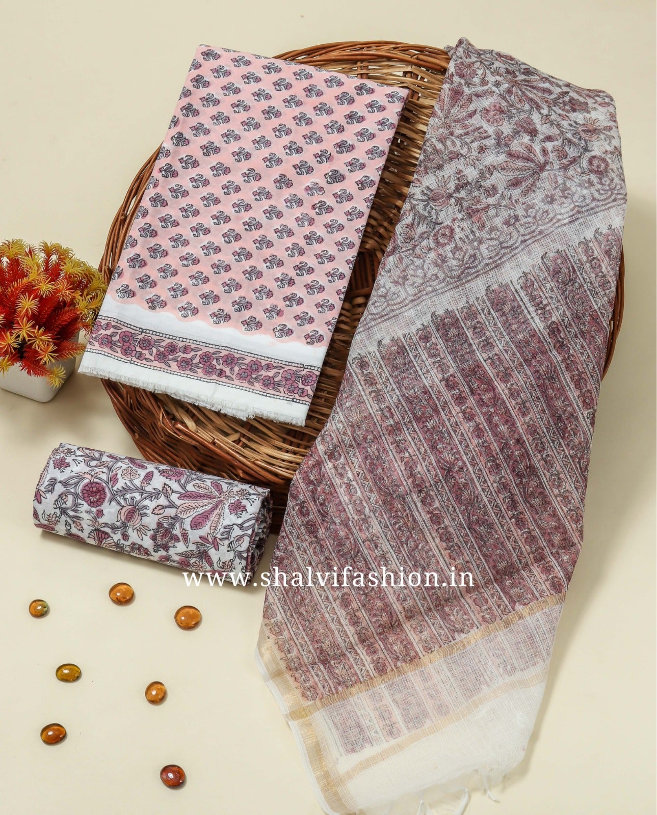 shop unstitched cotton suit with kota doria dupatta