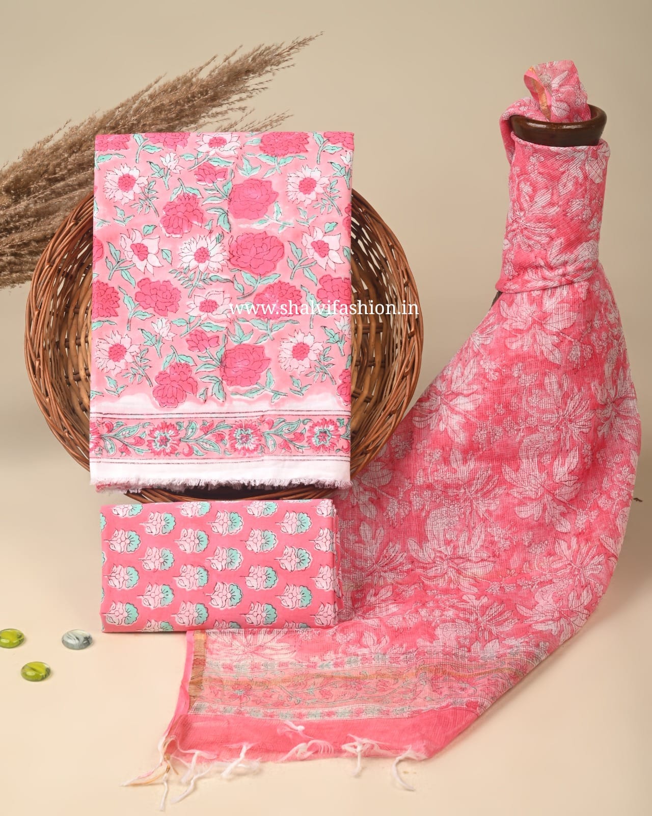 Shop block printed cotton suits with kota doria dupatta (3CKD416)