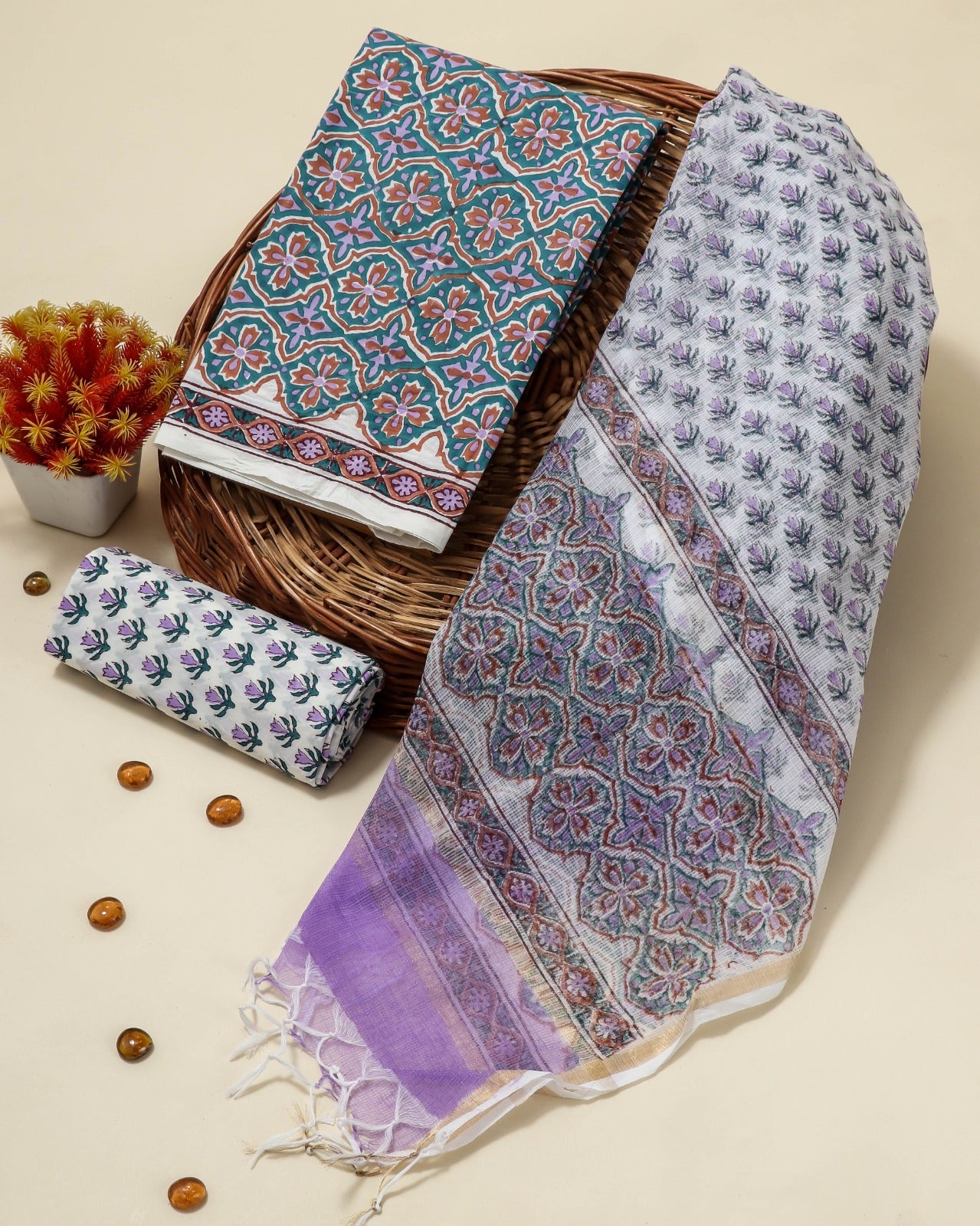 Shop traditional block print cotton suits with doria dupatta (3CKD41)