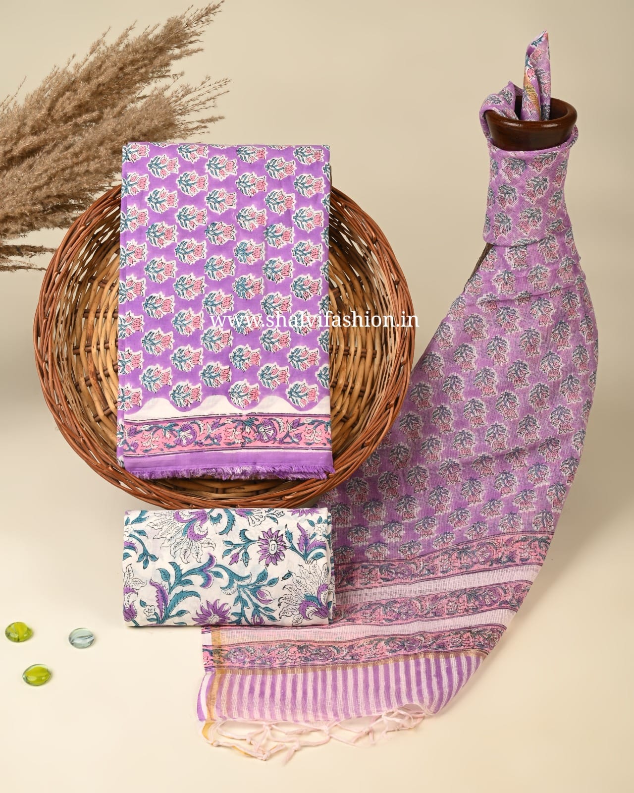 Shop unstitched block print cotton suits with kota dupatta (3CKD429)